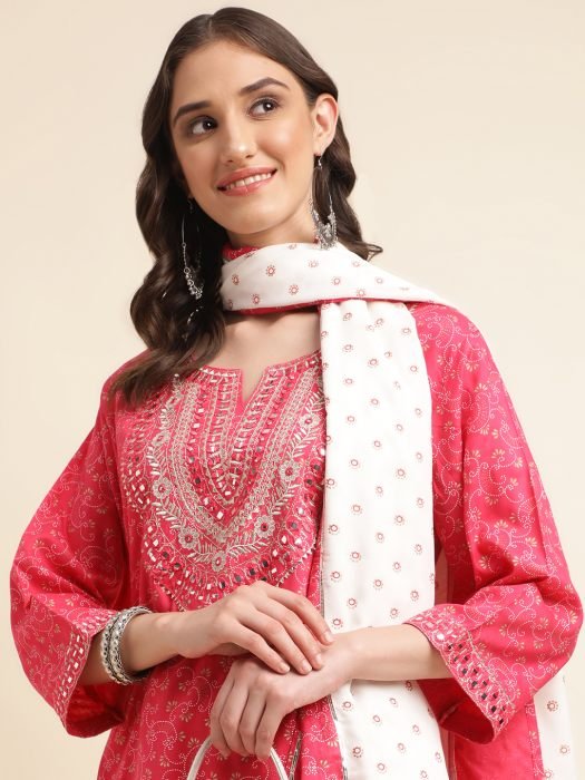 Pink   White Ethnic Motifs Embroidered Mirror Work Regular Kurta with Trousers   Dupatta  kurta sets with dupatta