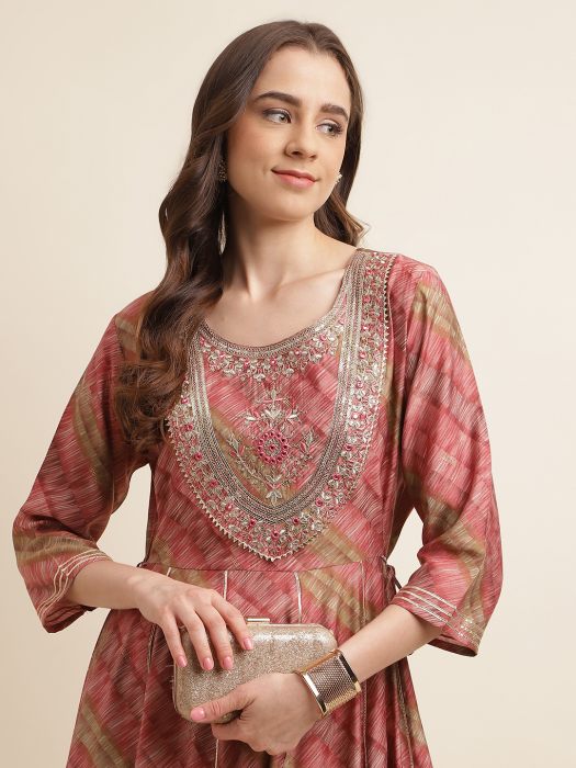 Multi Abstract Printed Gotta Patti Flounce Fit   Flared Ethnic Dress kurtis