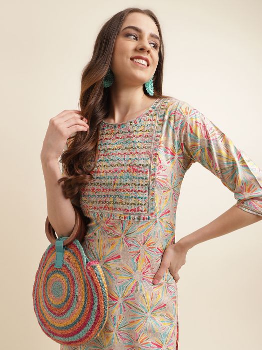 Multi Abstract Printed Sequined Thread Work Kurta with Trousers Salwar Suits