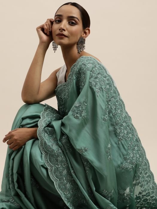 Aqua Blue Floral Embroidered Work Silk Saree