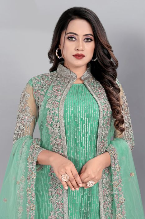 Aqua Blue Floral Embroidered Work Sequinned Semi Stitched Kurta With Plazzo And Dupatta Dress Materials