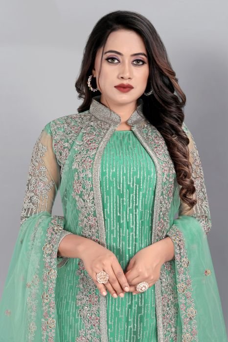 Aqua Blue Floral Embroidered Work Sequinned Semi Stitched Kurta With Plazzo And Dupatta semi stitched