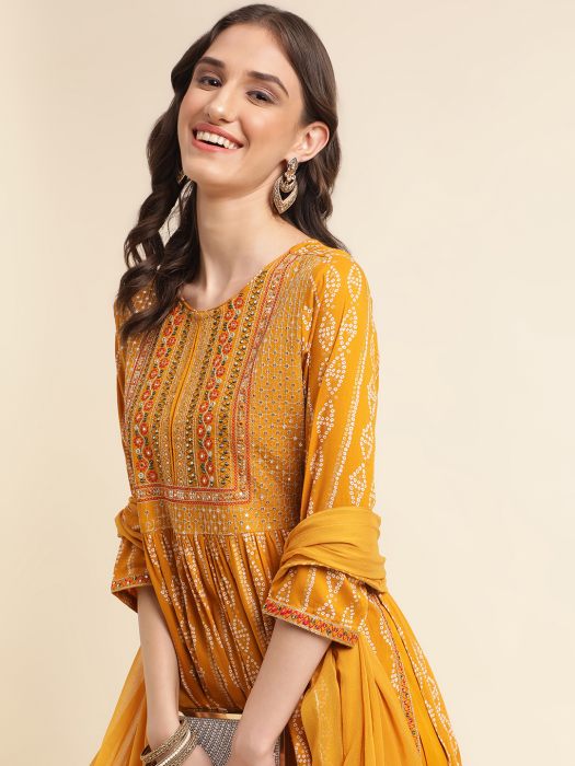 Mustared Bandhani Ethnic Motifs Embroidered Sequined Regular Kurta with Trousers   Dupatta  