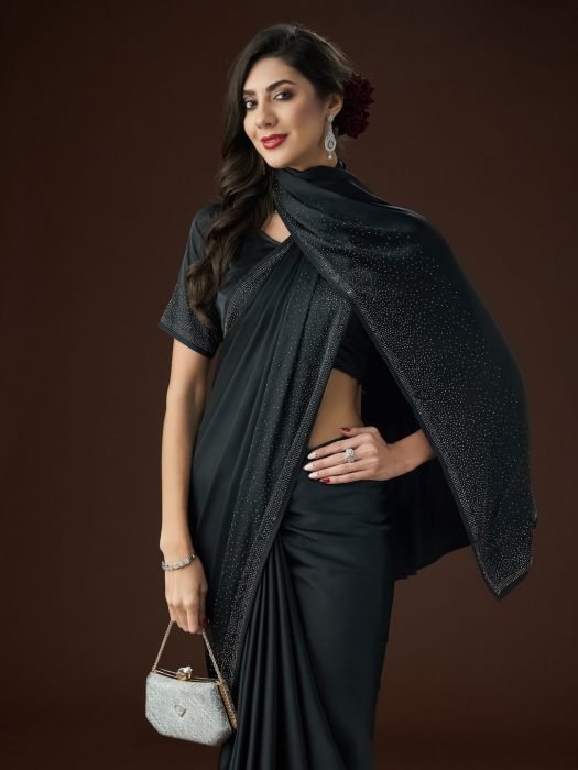 Black Beads And Stone Work Satin Saree