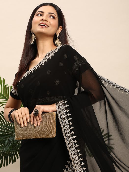 Black Georgette Embroidered  Saree With Bollywood Style black sarees