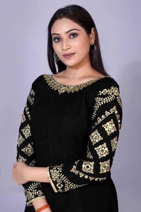 Black Embroidered Work Embellished Sheath Maxi Semi Stitched Kurta With Plazzo And Dupatta semi stitched