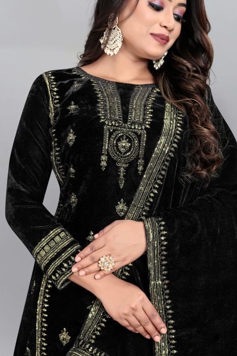 Black Floral Embroidered Work Velvet Semi Stitched Kurta With Plazzo  And Dupatta  summer suits