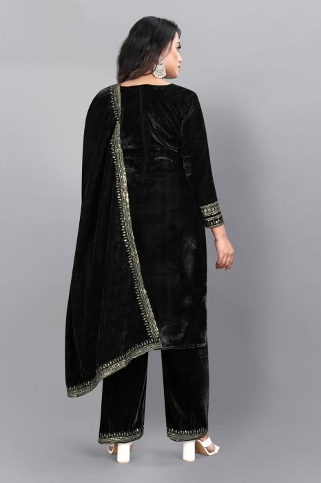 Black Floral Embroidered Work Velvet Semi Stitched Kurta With Plazzo  And Dupatta  summer suits