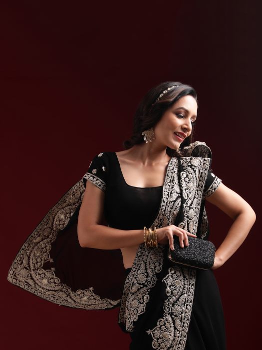 Black   Silver Toned Embroidered Poly Georgette Saree designer saree