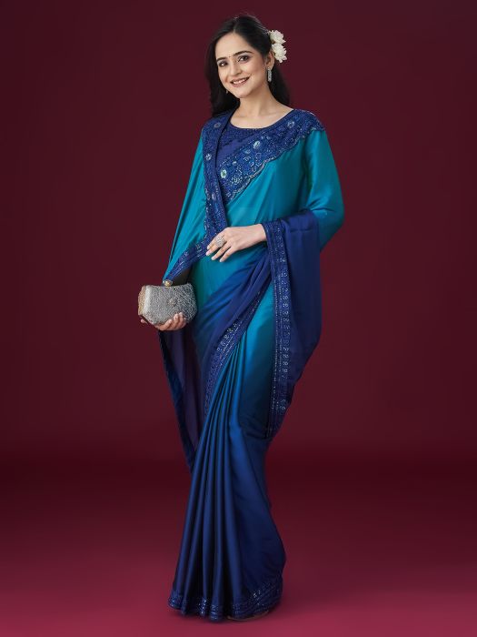 Blue Embroidered Sequinned Saree