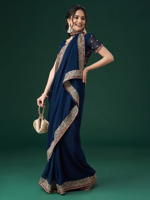 Blue Ethnic Motifs Embroidered Bordered Saree embroidered saree