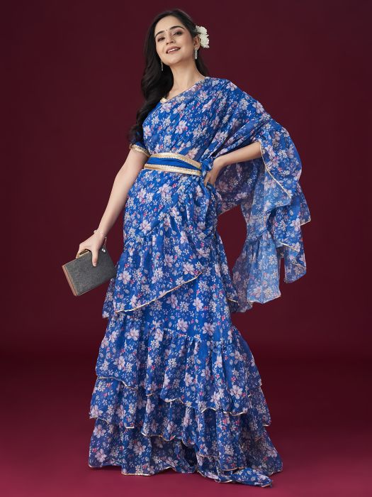 Blue Floral Printed Gotta Patti Embellished Saree floral sarees