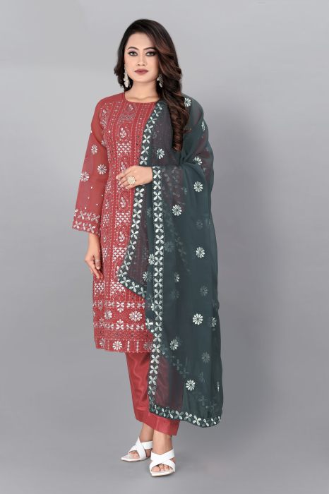  Brown Floral Embroidered Mirror Work Semi Stitched Kurta With Plazzo And Dupatta semi stitched