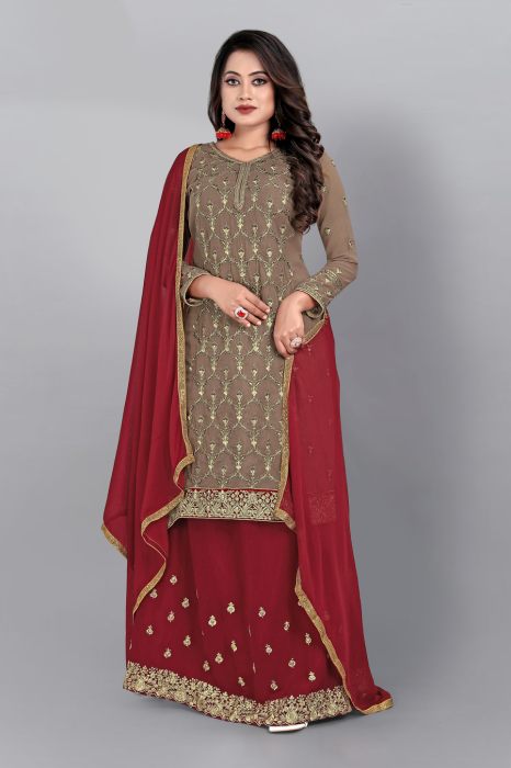  Brown Floral Embroidered Work Semi Stitched Kurta With Plazzo And Dupatta Dress Materials