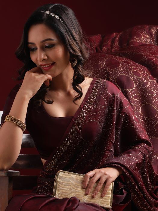 Burgundy   Gold Toned Embellished Beads and Stones Satin Saree designer saree