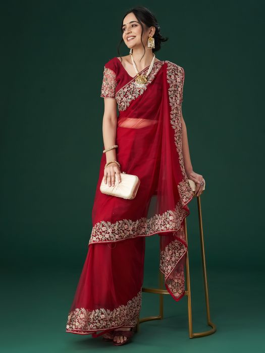  Cherry Embbroidered Net Sarees maroon