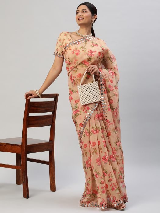 Beige Printed Saree With Mirror Work  party wear saree