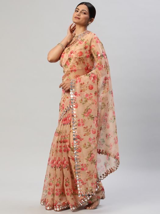 Beige Printed Saree With Mirror Work  party wear saree