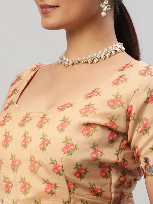Beige Printed Saree With Mirror Work  party wear saree