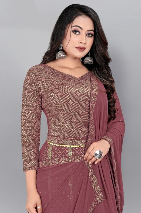 Choco Brown Embroidered Work Sequinned Semi Stitched Kurta With Plazzo And Dupatta semi stitched