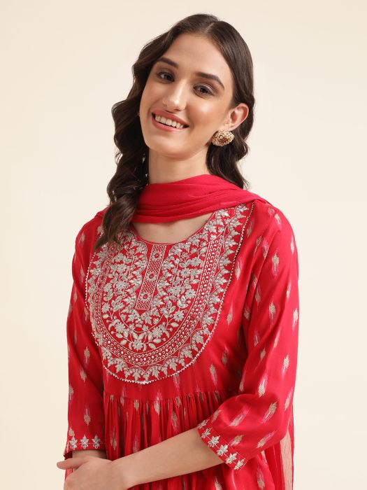 Dark Pink Cotton Blend Fancy A Line Kurta With Print   Embroidery Work With Dupatta   Trouser         