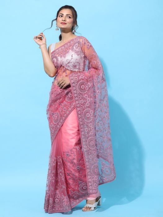 Dark Pink Floral Embroidered Net Heavy Work Saree party wear saree