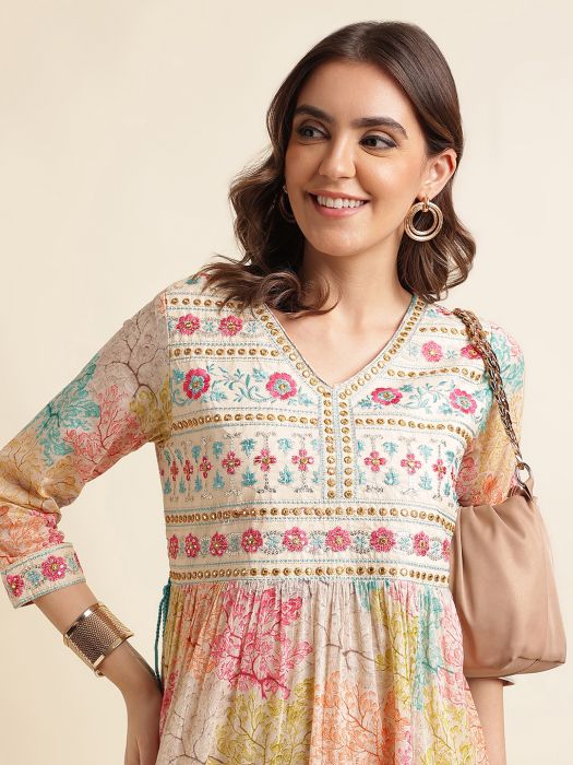 Multi Embroidered V Neck   Printed Anarkali Layered Midi Cotton Blend Kurta kurti
