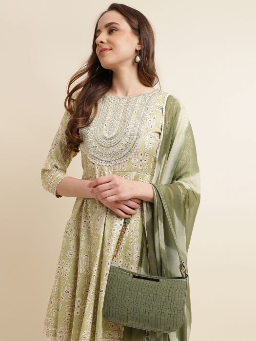 Pista Green Ethnic Motifs Embroidered Sequined Kurta with Sharara   Dupatta Salwar Suits