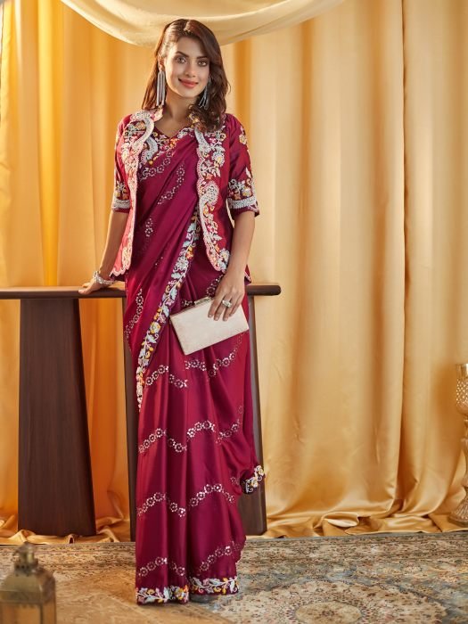 Ethnic Motifs Kutchi Embroidery Pure Silk Saree wine sarees