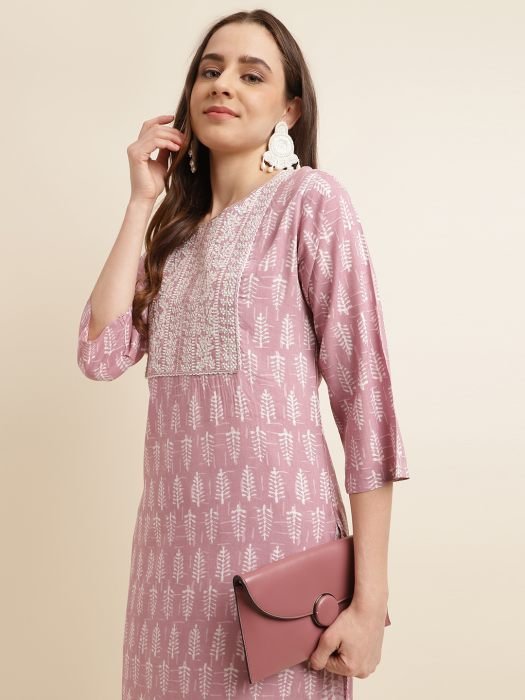  Lavender Ethnic Motifs Printed And Embroidered Work Regular Kurta with Palazzo kurta with bottom