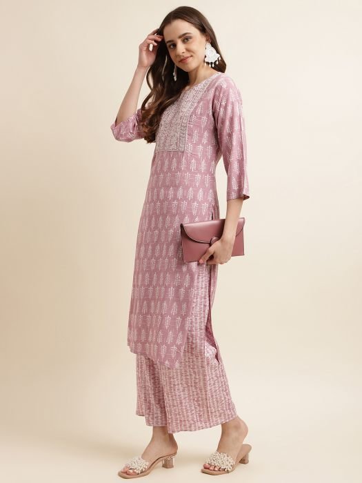  Lavender Ethnic Motifs Printed And Embroidered Work Regular Kurta with Palazzo kurta with bottom