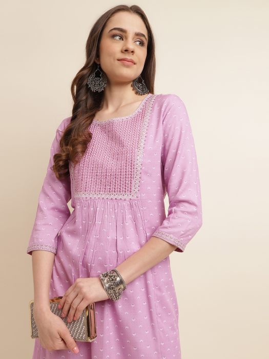 Lavender Ethnic Motifs Yoke Design Sequinned Kurta Salwar Suits