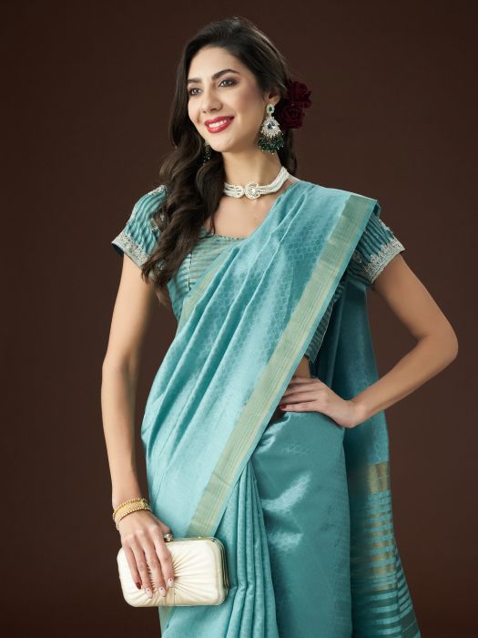 Firozi Ethnic Motifs Woven Design Zari Saree blue sarees