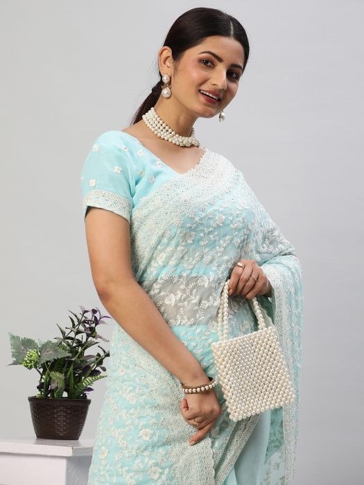 Firozi Thread Work Chiffon Designer Saree blue sarees