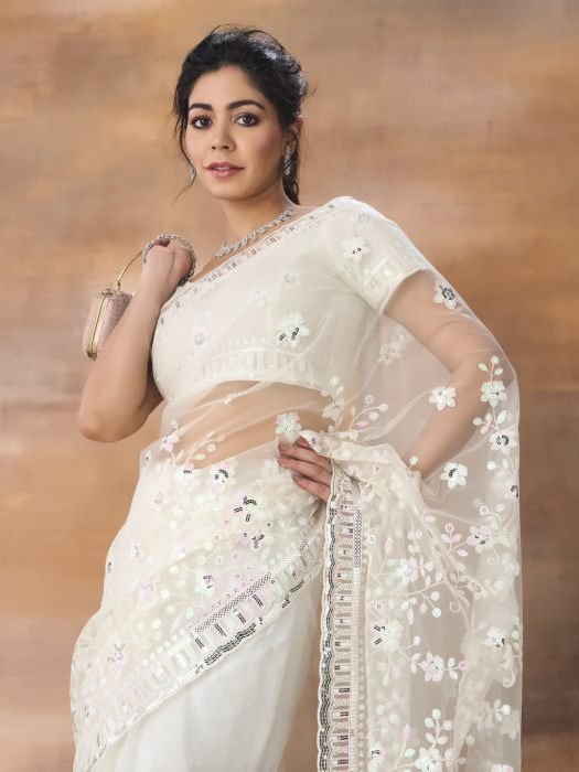 Floral Embroidered Net Saree 