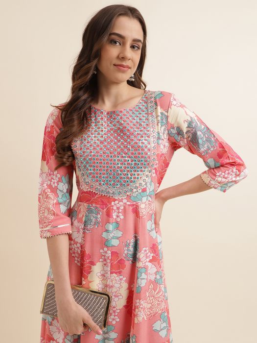 Multi Floral Printed Enbroidered Detail Fit And Flare Ethnic Dress kurtis