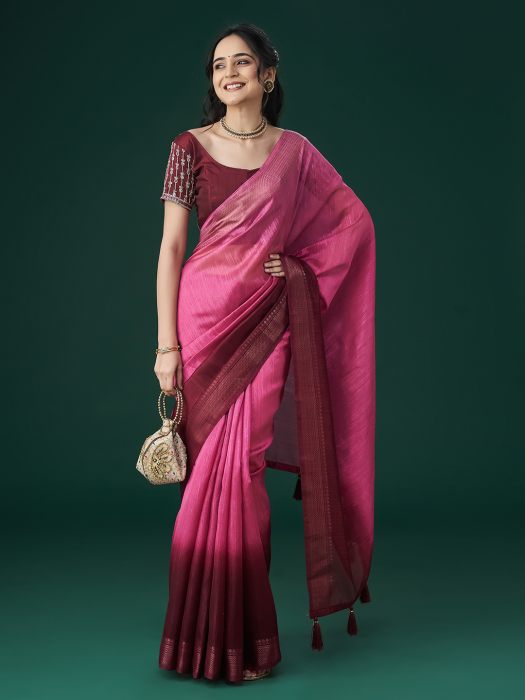 Gajri Woven Design Embellished Zari Saree pink sarees
