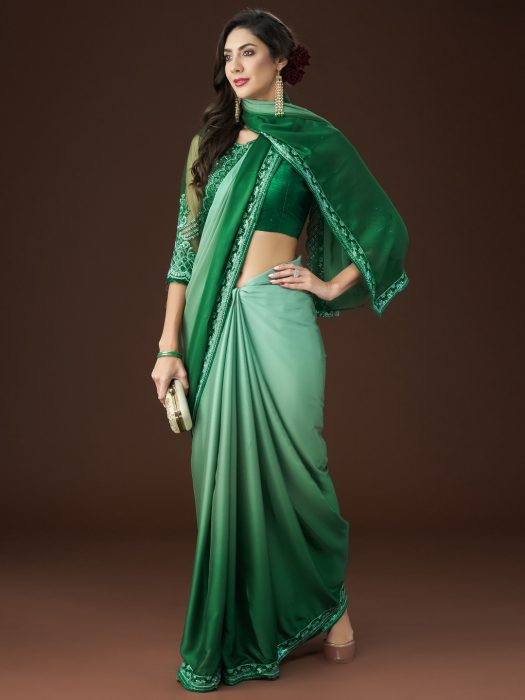Green Embroidered Sequinned Saree