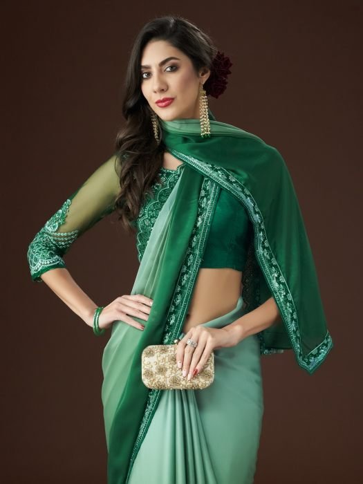 Green Embroidered Sequinned Saree party wear saree