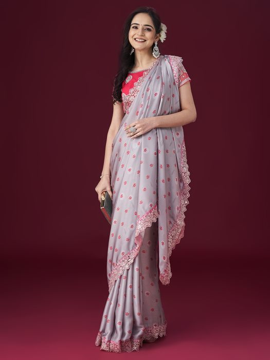 Grey and Pink Floral Printed Sequin Embellished Satin Saree satin sarees