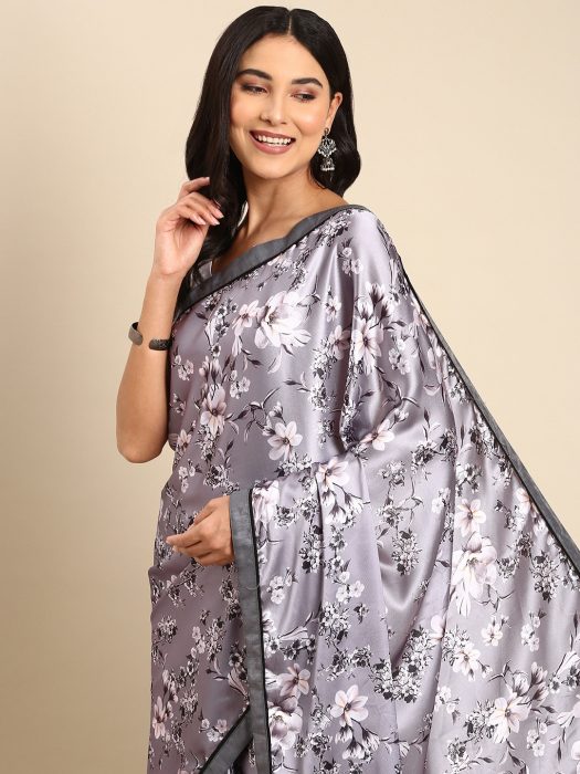 Grey Digital Printed Floral Satin Saree grey sarees