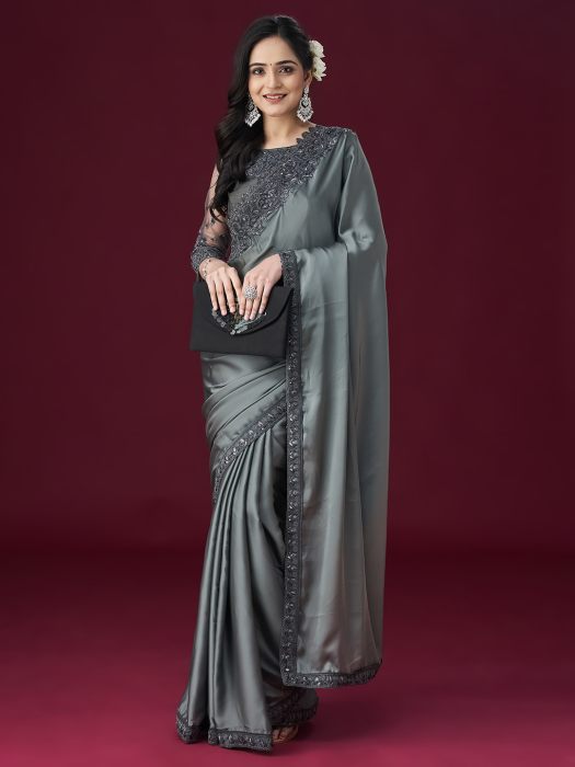 Grey Ethnic Embroidered Sarees