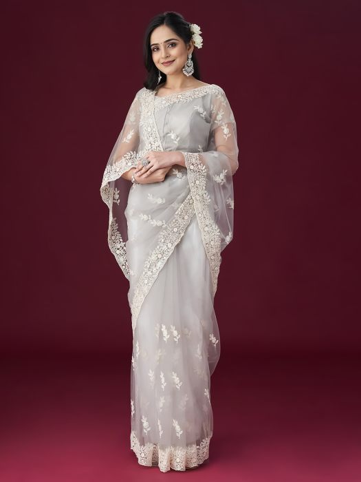 Grey Floral Embroidered Net Saree embroidered saree