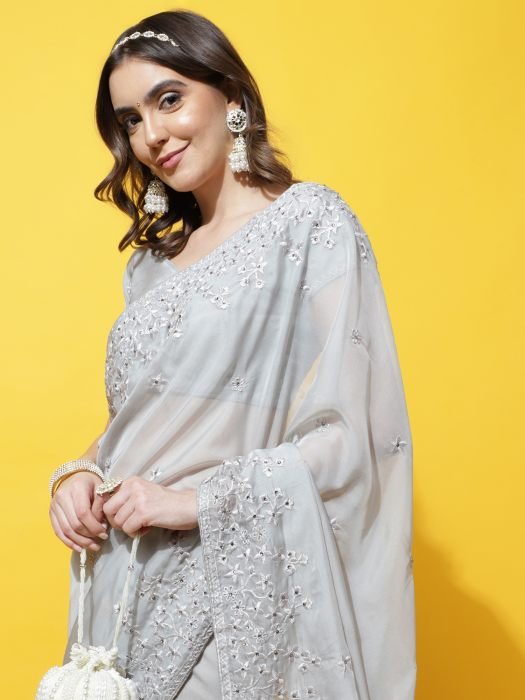 Grey Organza Saree With Embroidered Work And Stonework grey sarees