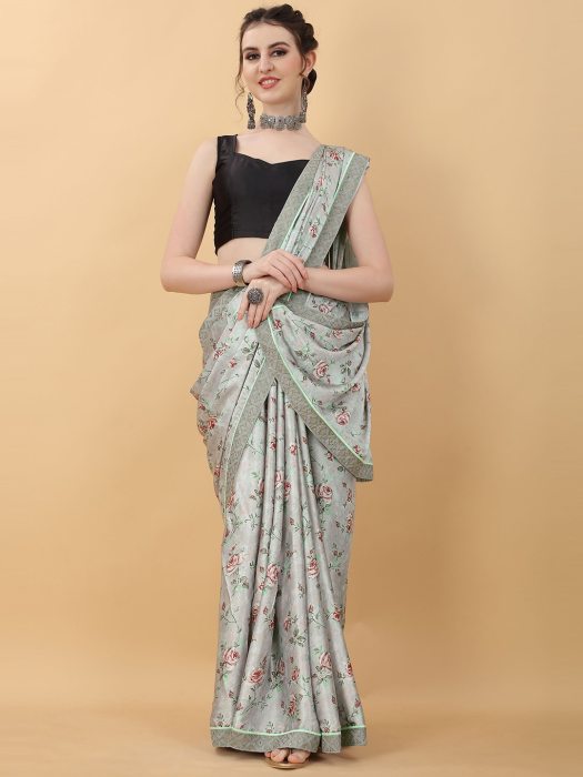 Grey Floral Satin Saree printed saree
