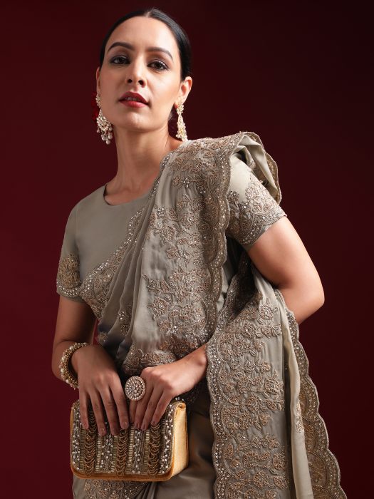 Grey and Silver Toned Embellished Beads and Stones Pure Silk Saree grey sarees