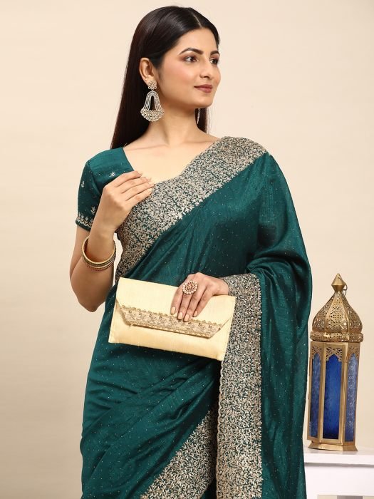  Peacock Blue Zari Work Designer Silk Saree green sarees