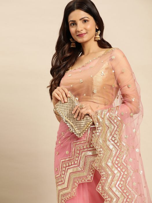 Pink  Woven Design Ethnic Motifs Sequinned Net Saree net saree