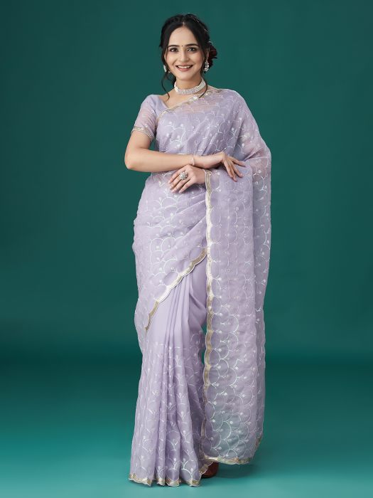 Lavender Embellished Sequinned Organza Saree wedding saree