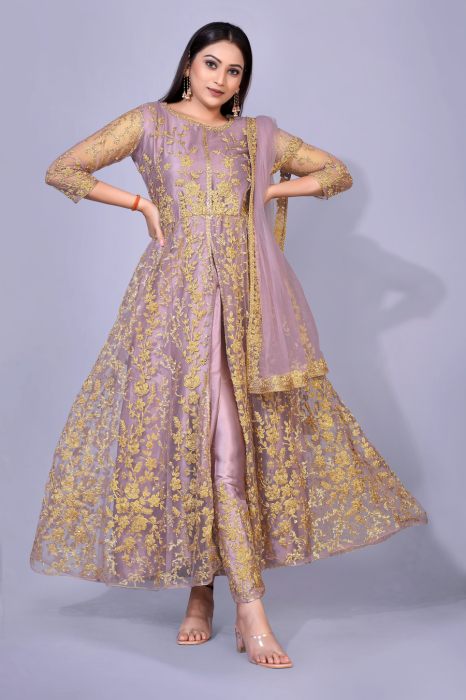  Lavender Floral Embroidered High Slit Semi Stitched Kurta With Trousers   Dupatta Dress Materials